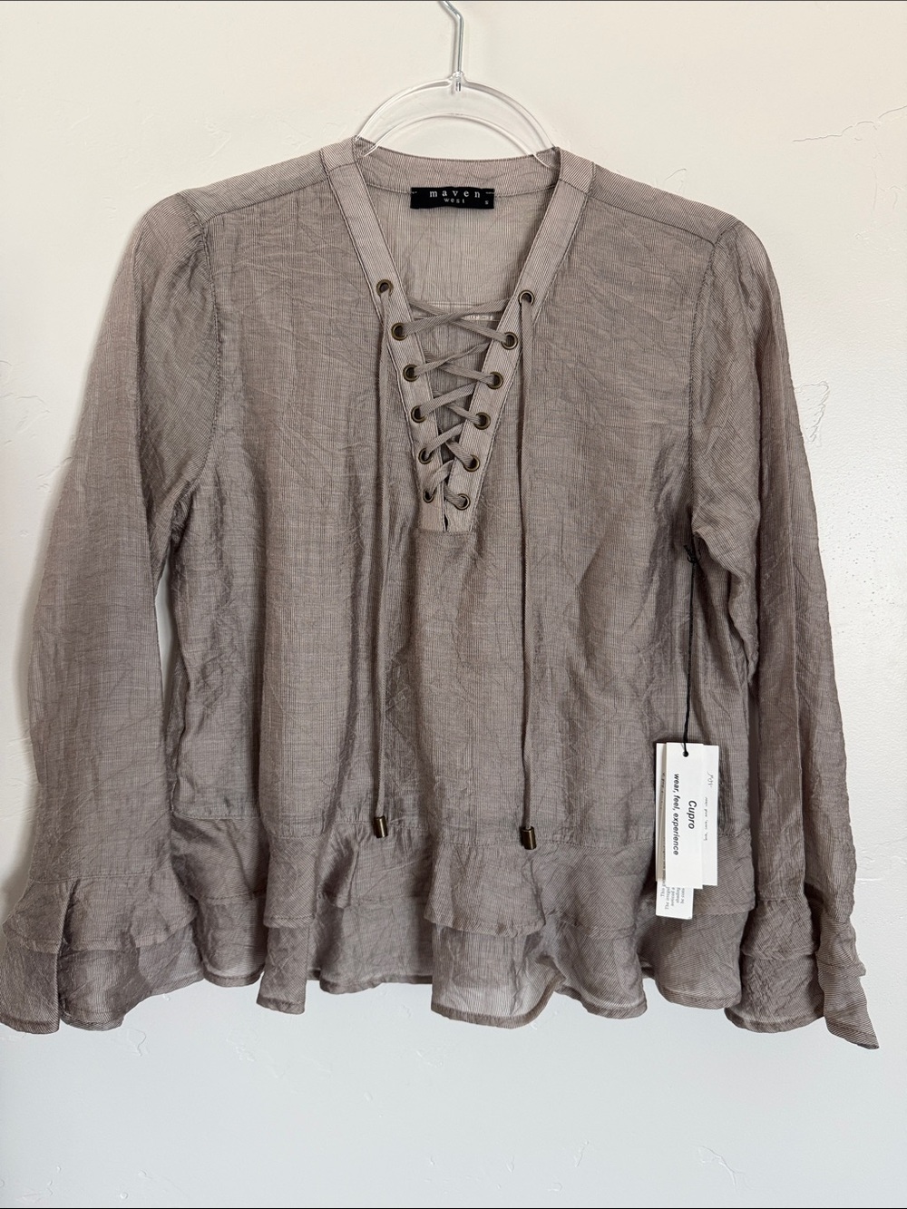 Maven West Taupe Lace-Up Ruffle-Hem Blouse Lightweight Bohemian Top